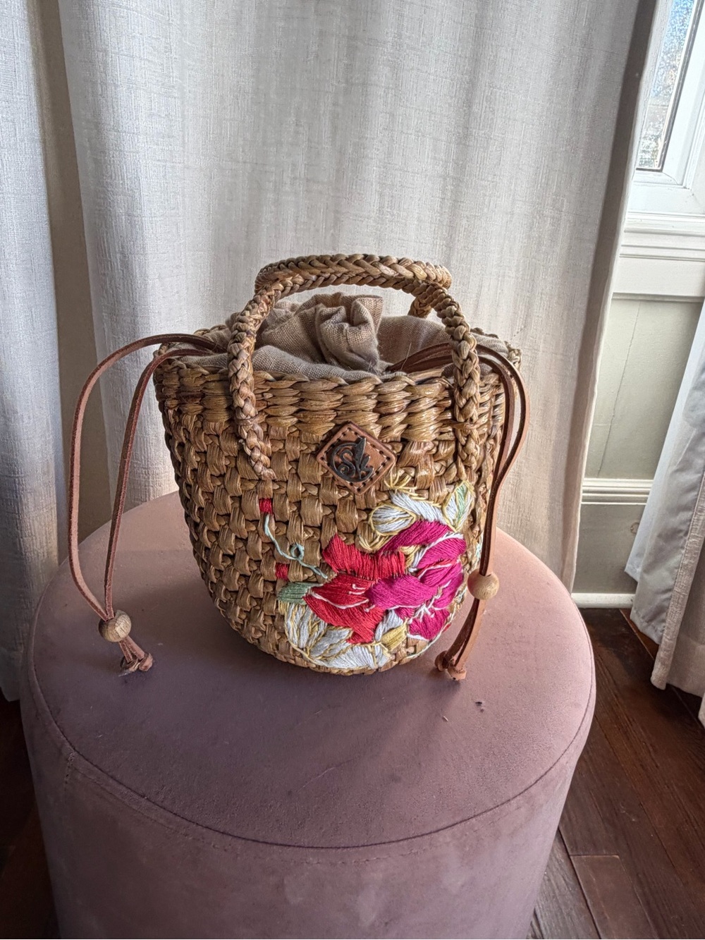 Woven Straw Bucket Bag with Pink Floral Embroidery